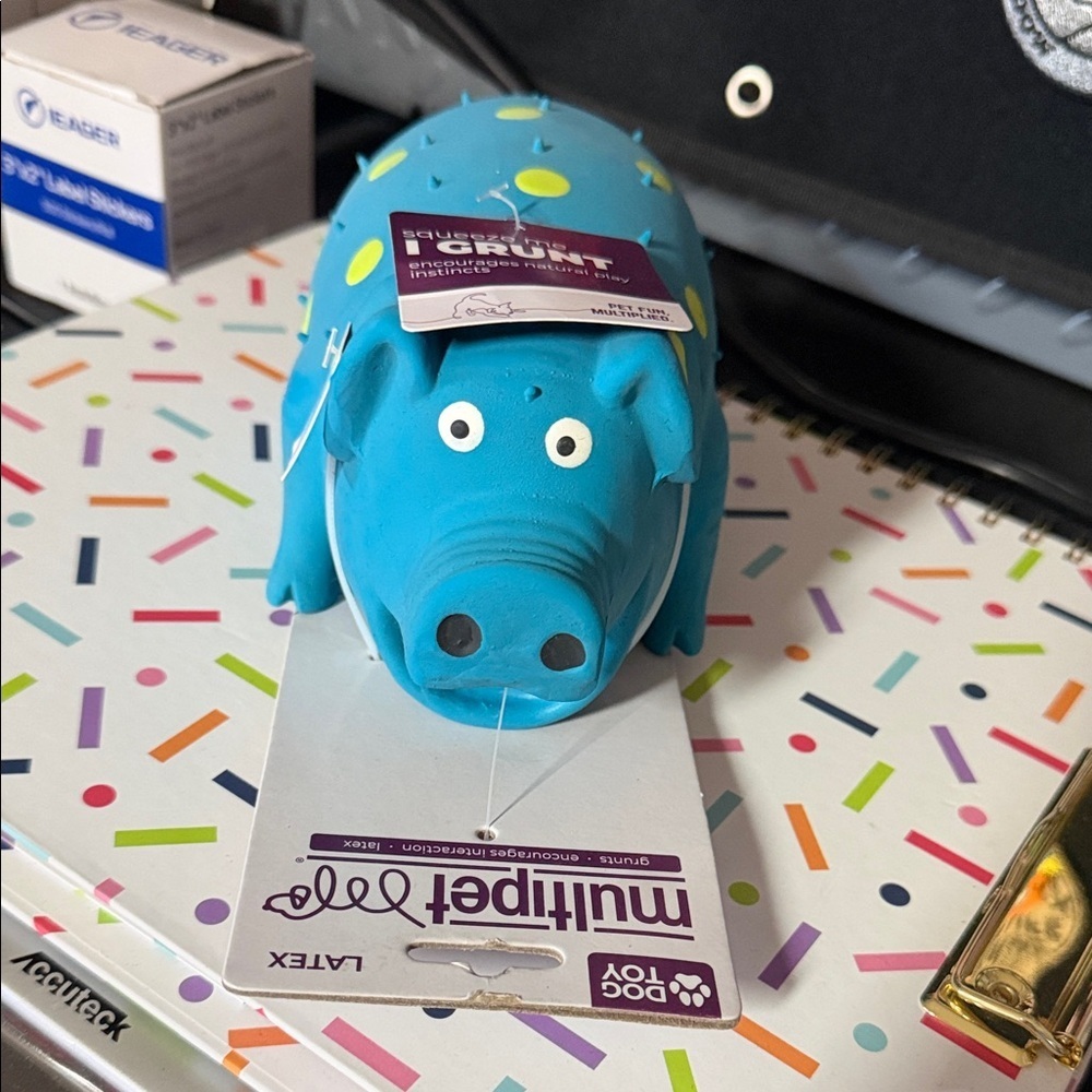 Blue Multicolor Squeaky Pig Dog Toy by Multipet